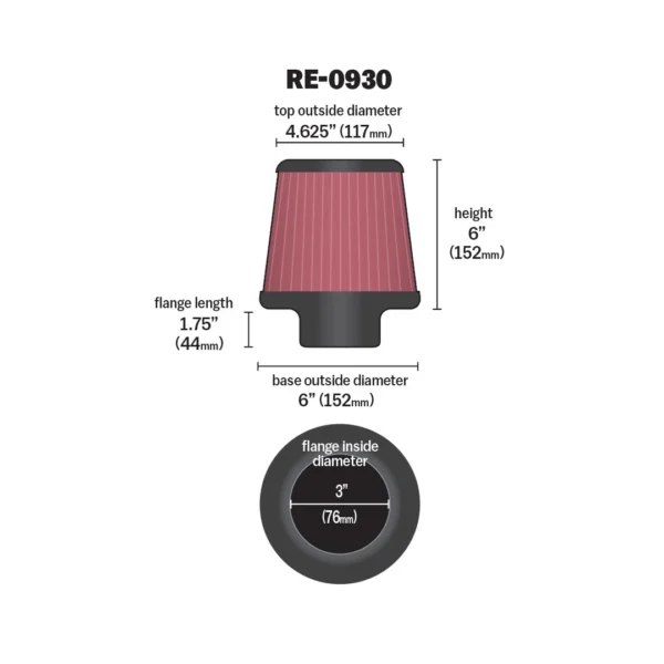 RE-0930_dim K&N RE-0930 koonusfilter Ø76
