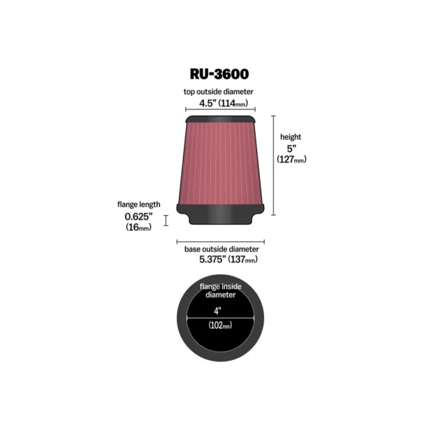 RU-3600_Dim K&N RU-3600 koonusfilter Ø102